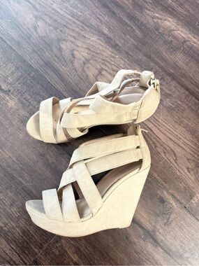 MATERIAL GIRL Beige Suede Wedge Sandals for Women